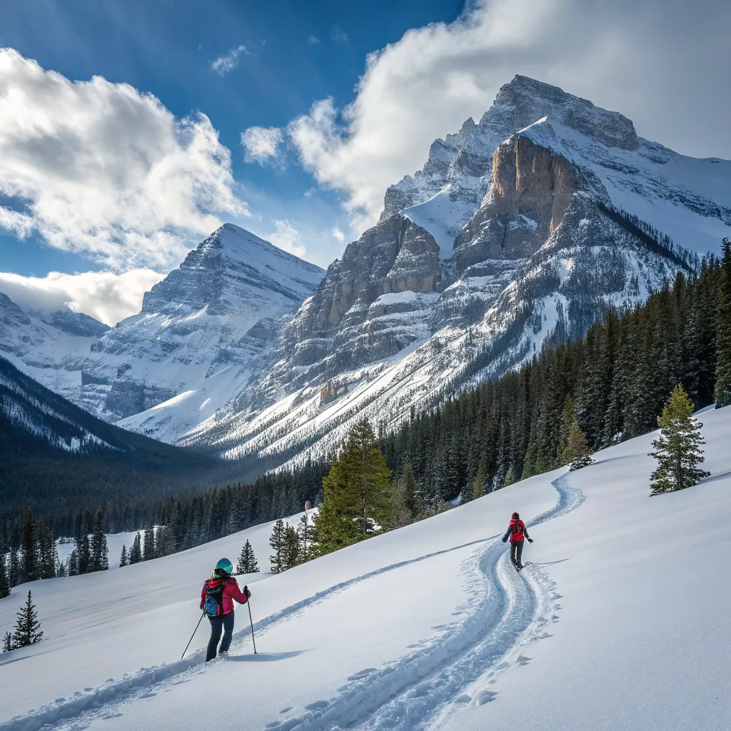 A breathtaking view of skiers on a mountain trail